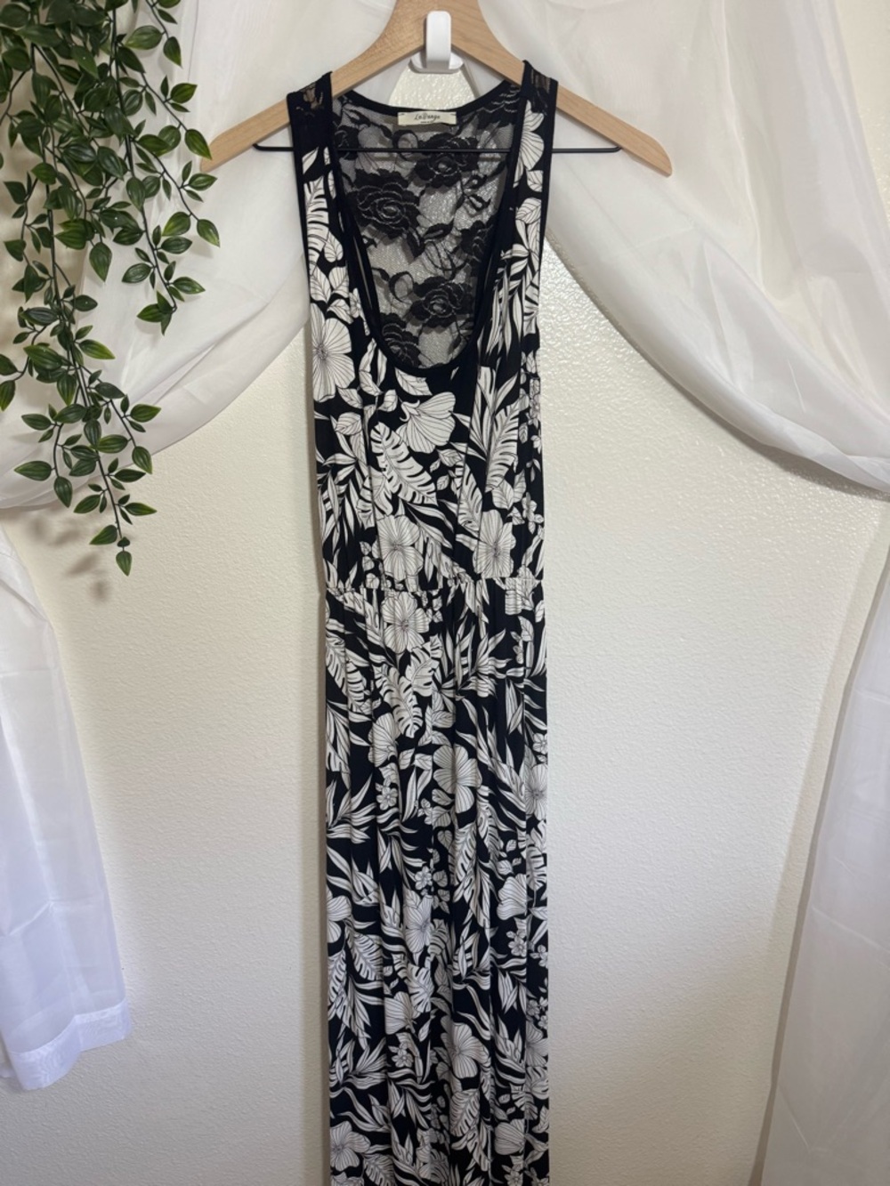 NWOT Black and White Tropical Floral Lace Back Maxi Dress Made in USA Whimsigoth